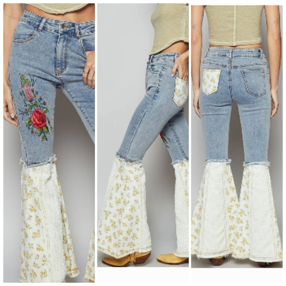 POL Floral Accent Blue Jeans Flare WOMEN'S MEDIUM DENIM PANTS Sparkle 7